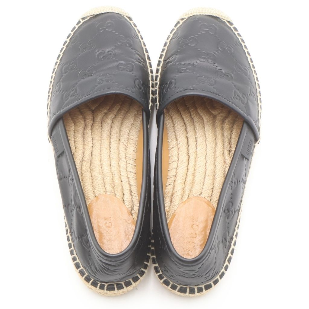 Gucci Guccissima Leather Raffia Loafers Flat Shoes 37 Black Beige — view 4