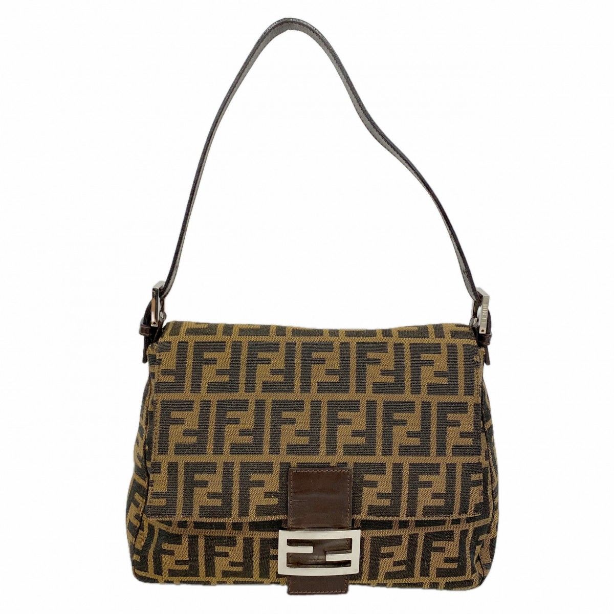 Fendi Handbag Mamma Bucket Nylon Canvas Brown Silver