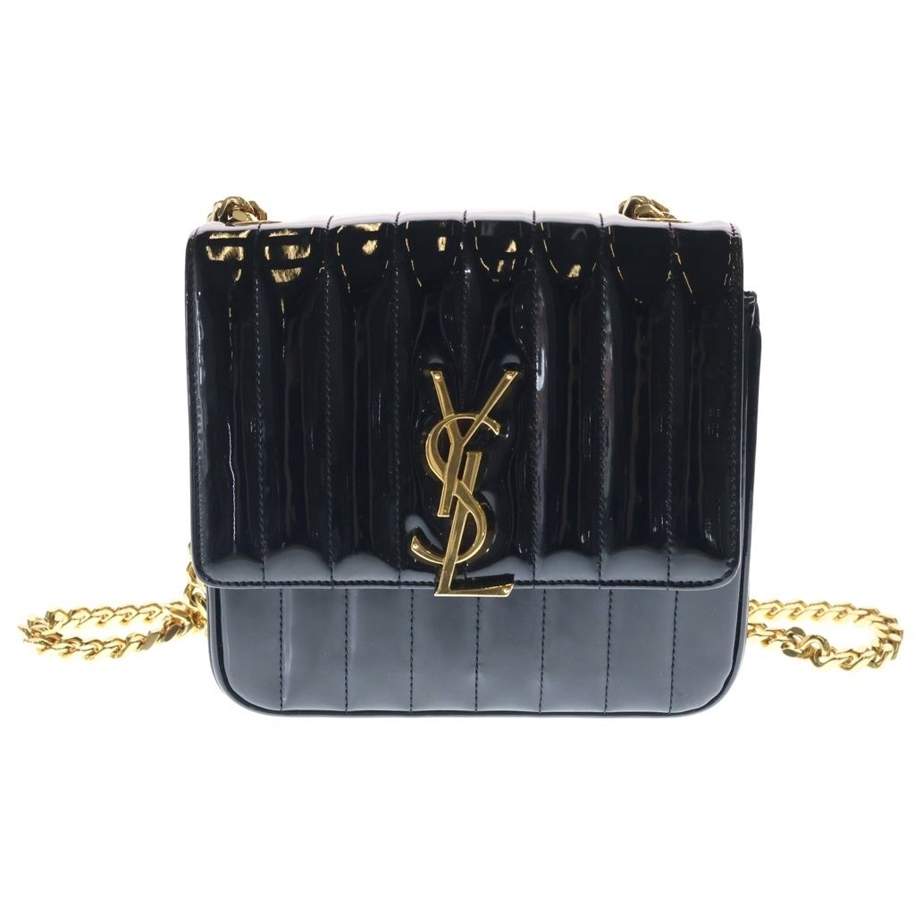 Saint Laurent Paris Vicky Patent Quilted Leather Chain Shoulder Bag Gold Black — view 8