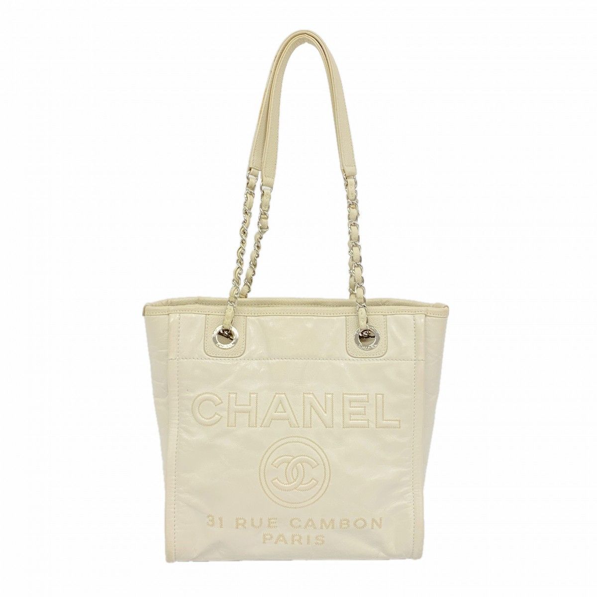 Chanel Chain Tote Deauville Leather Ivory Silver