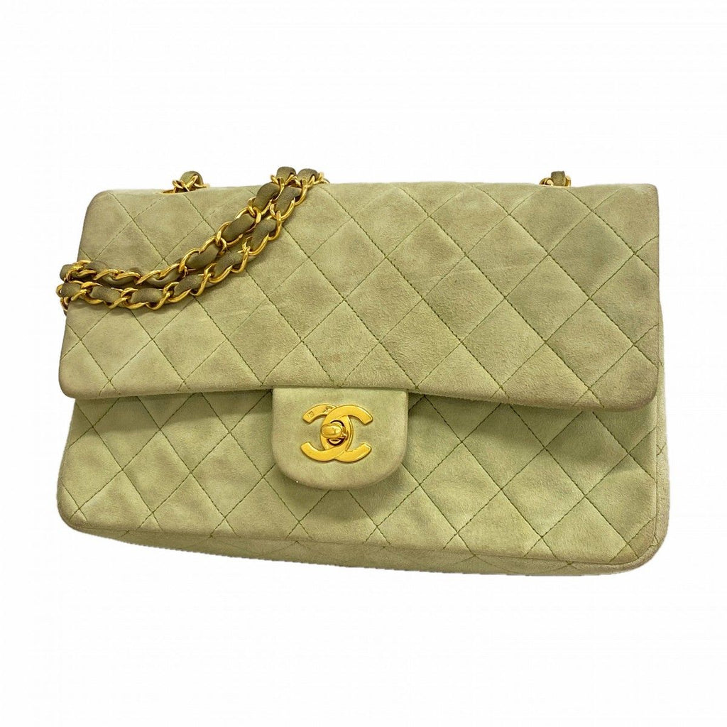Chanel Shoulder Bag Quilted Suede Green Gold