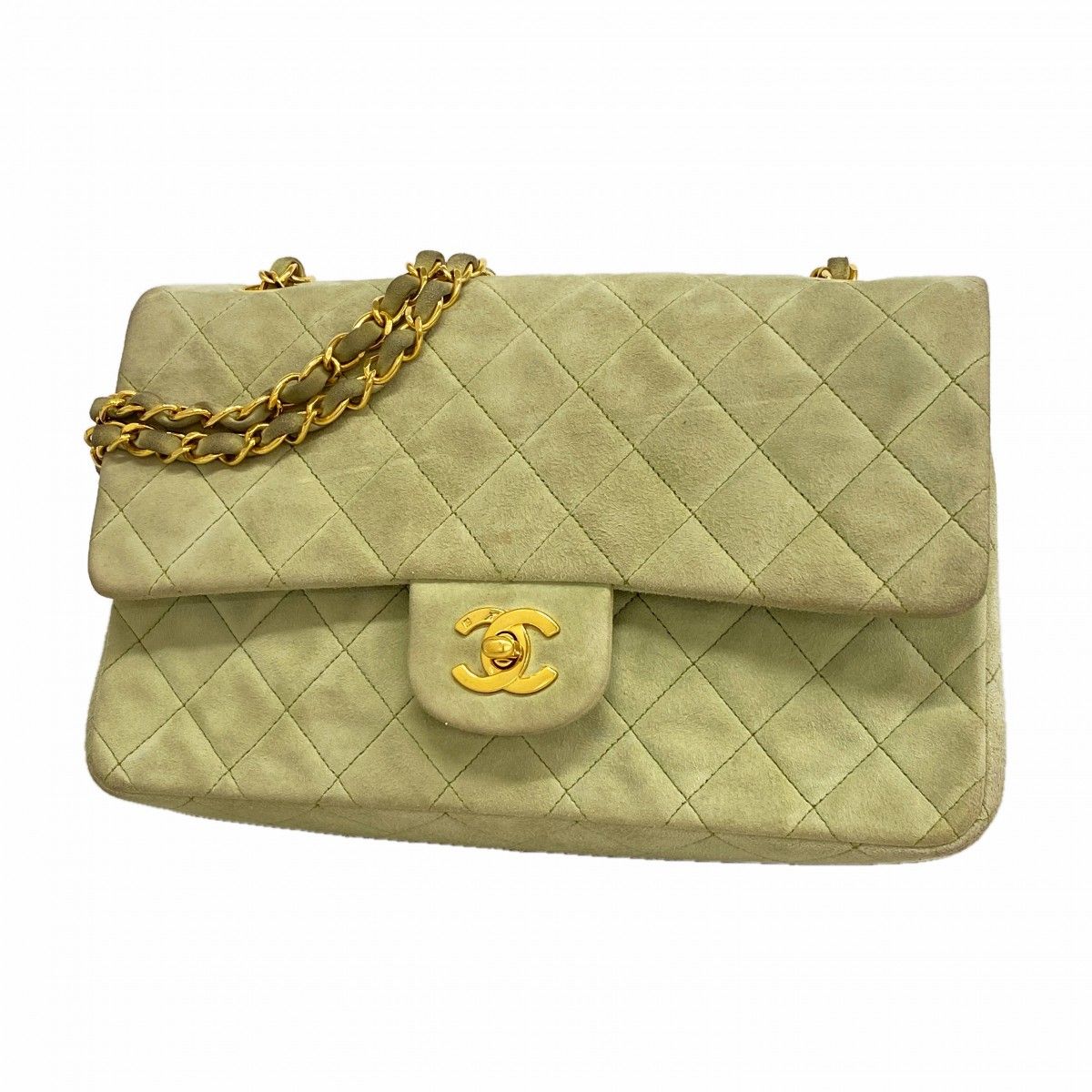 Chanel Shoulder Bag Quilted Suede Green Gold