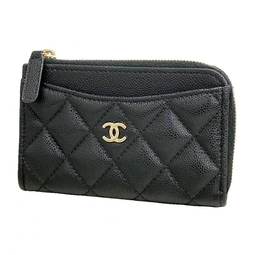 Chanel Coin Case Quilted Caviar Leather Black Champagne Gold