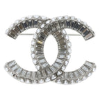 Chanel CC Logo Square Crystal Stone Brooch Silver
