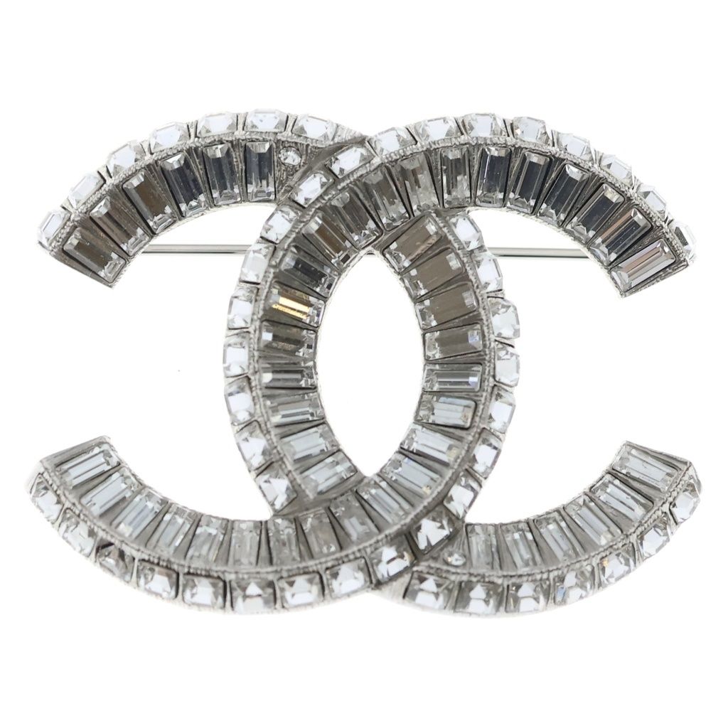 Chanel CC Logo Square Crystal Stone Brooch Silver