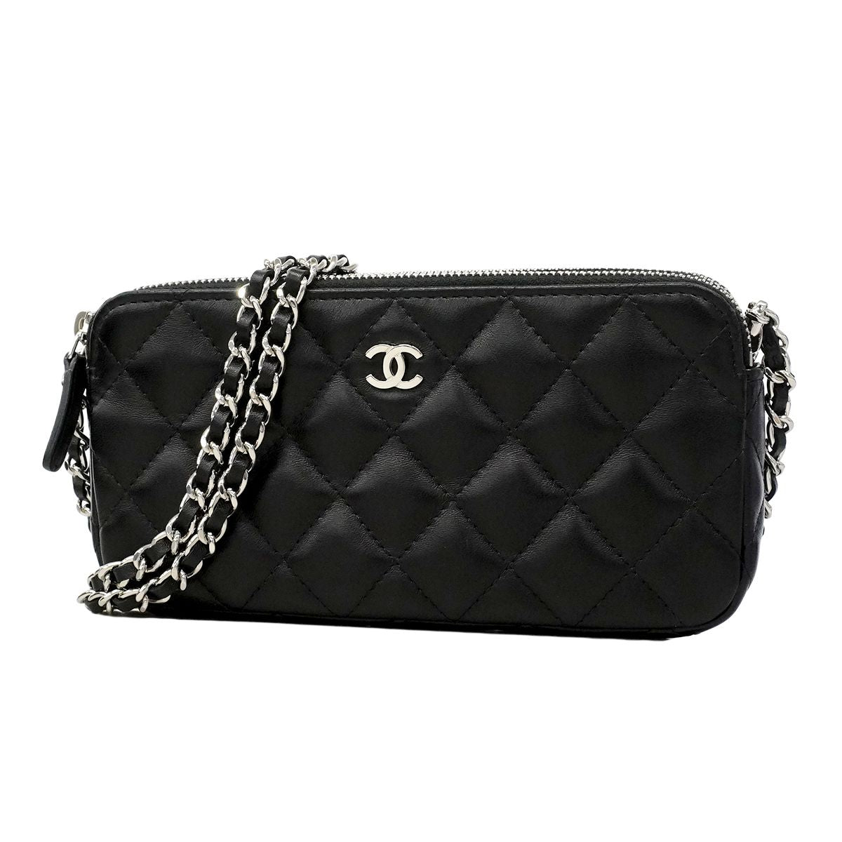 Chanel Shoulder Bag Quilted Lambskin Black Silver