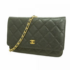 Chanel Shoulder Wallet Quilted Caviar Leather Black Gold