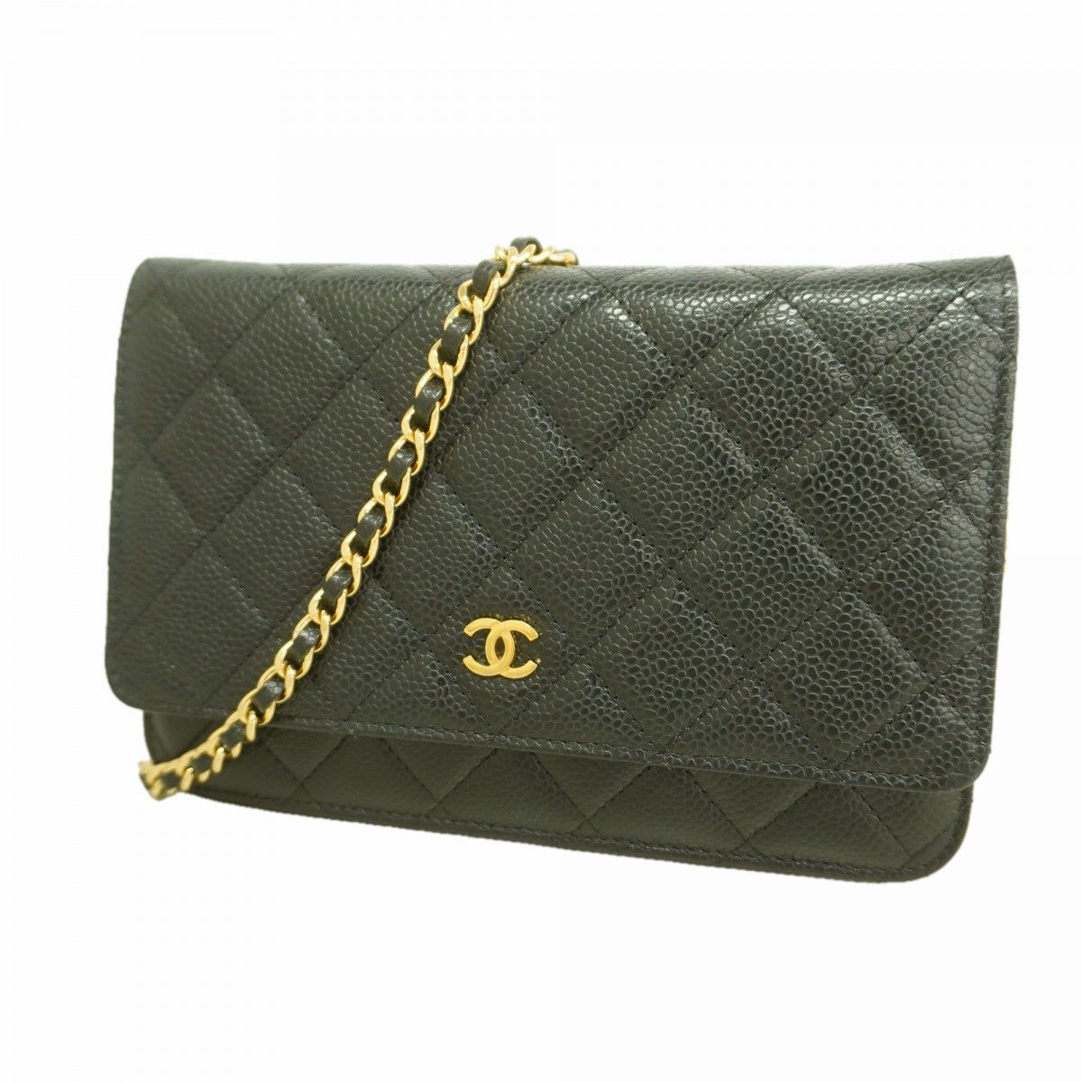 Chanel Shoulder Wallet Quilted Caviar Leather Black Gold