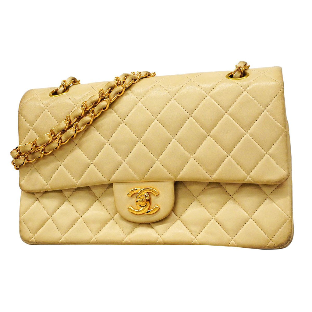 Chanel Shoulder Bag Quilted Lambskin Beige Gold