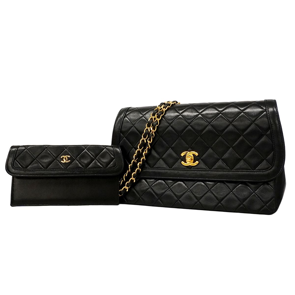 Chanel Shoulder Bag Quilted Lambskin Black Gold