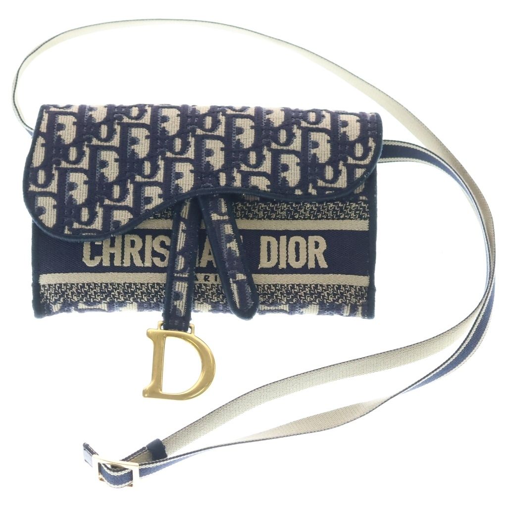 Dior Oblique Embroidered Saddle Shoulder Bag Slim Pouch Canvas Navy