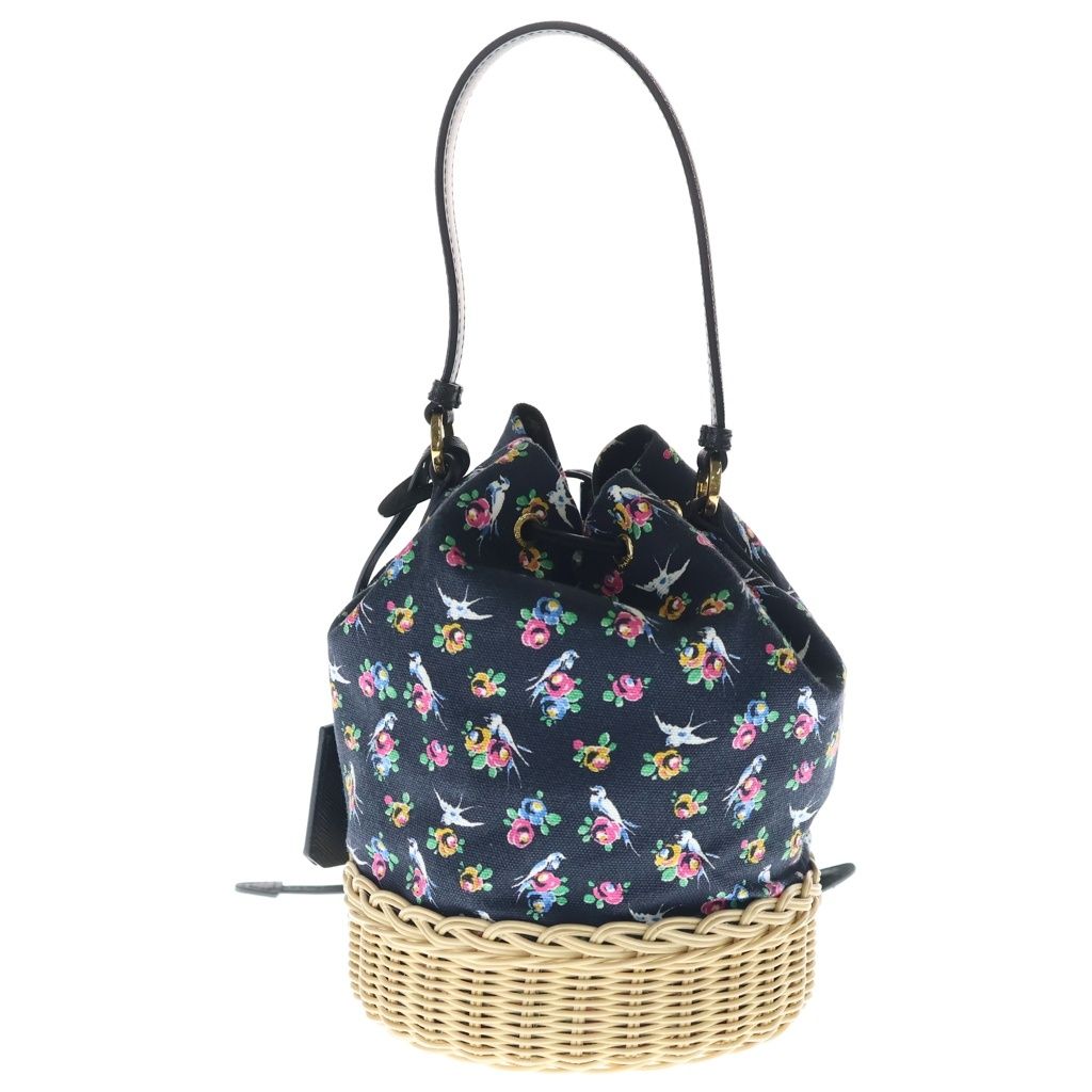 Prada 2-Way Basket Shoulder Bag Black Beige Flower Print Wicca Canvas Gold — view 2