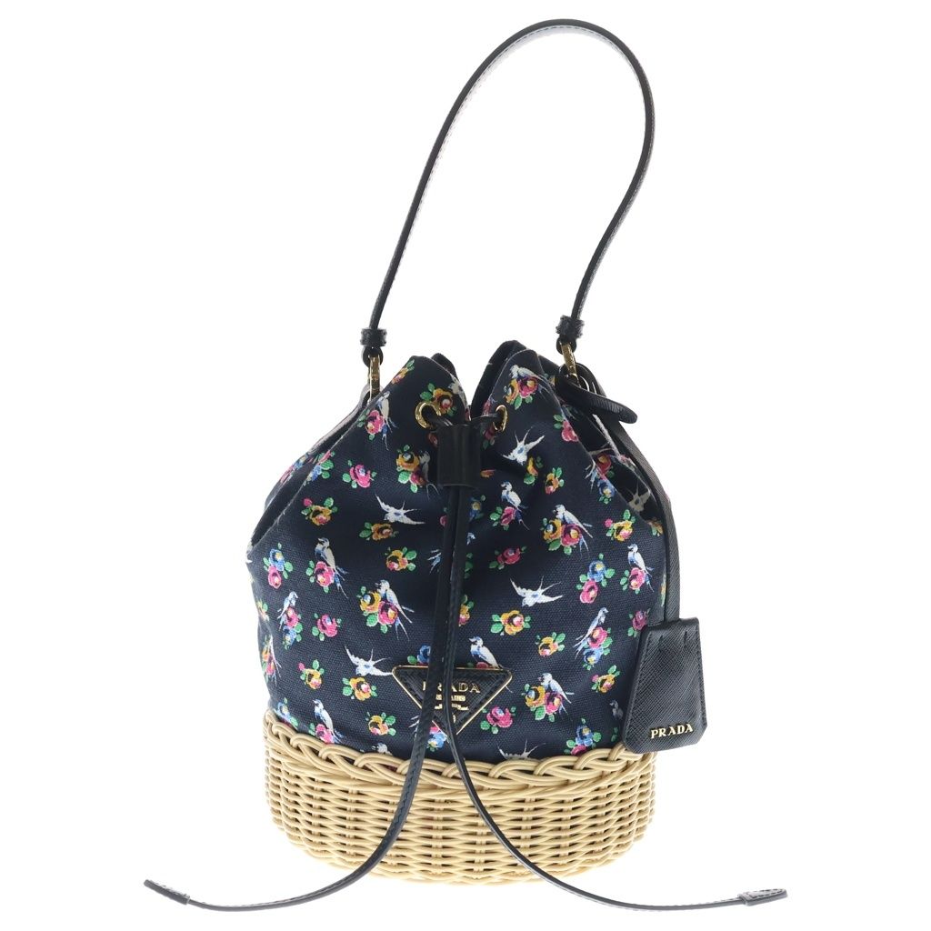 Prada 2-Way Basket Shoulder Bag Black Beige Flower Print Wicca Canvas Gold