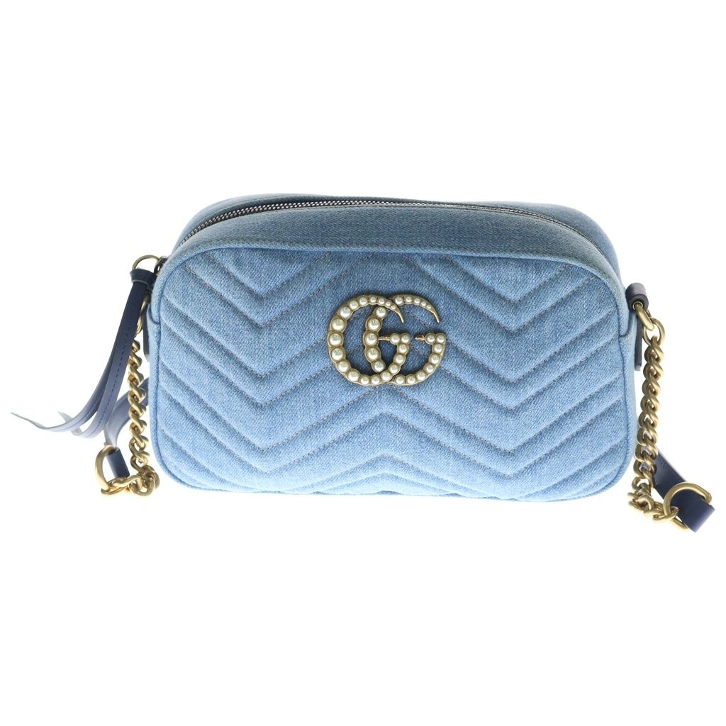 Gucci GG Marmont Chain Mini Shoulder Bag Indigo Blue Denim Gold