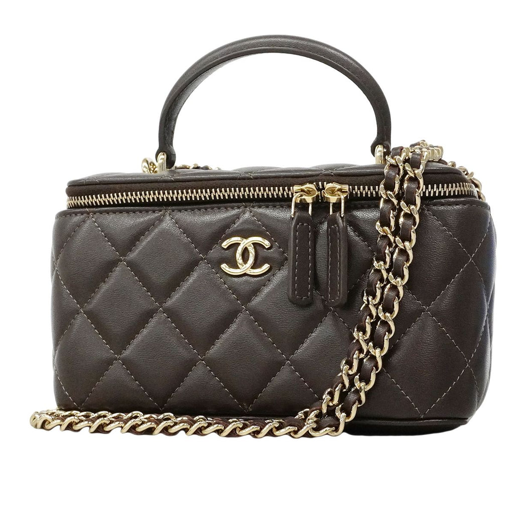 Chanel Vanity Bag Quilted Lambskin Brown Champagne Gold 2-Way