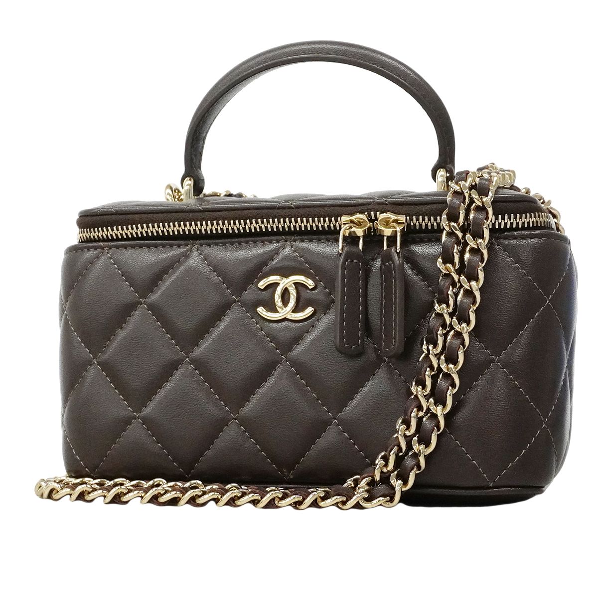 Chanel Vanity Bag Quilted Lambskin Brown Champagne Gold 2-Way