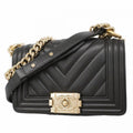 Chanel Shoulder Bag Boy Stitch Lambskin Black Champagne Gold