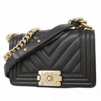 Chanel Shoulder Bag Boy Stitch Lambskin Black Champagne Gold