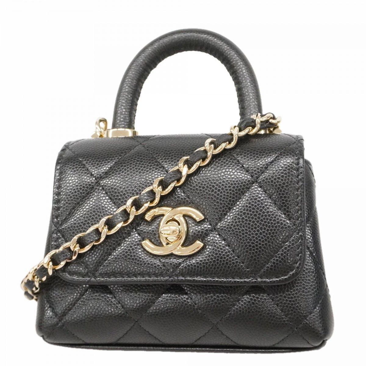 Chanel Handbag Micro Coco Handle Caviar Leather Black Champagne Gold 2-Way