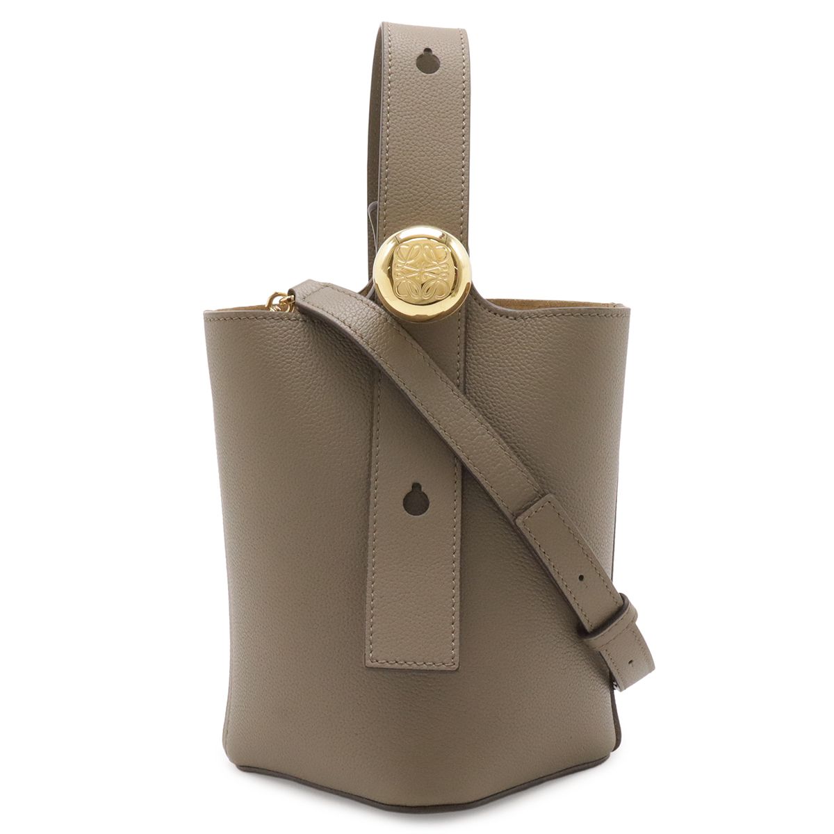 Loewe Pebble Bucket Bag Mini 2-Way Calfskin Leather Gray Ju Gold