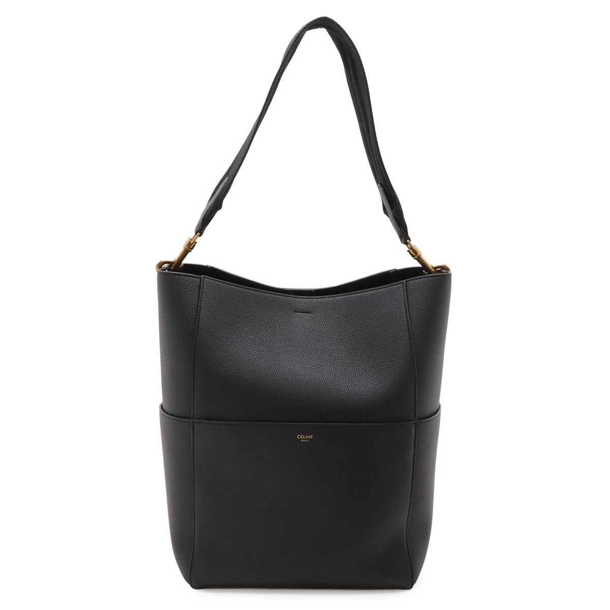 Celine Sangles Bucket Shoulder Bag Leather Black Gold