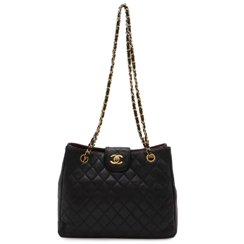 Chanel Quilted CC Logo Chain Shoulder Bag Lambskin Leather Black Gold