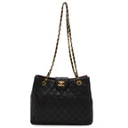 Chanel Quilted CC Logo Chain Shoulder Bag Lambskin Leather Black Gold