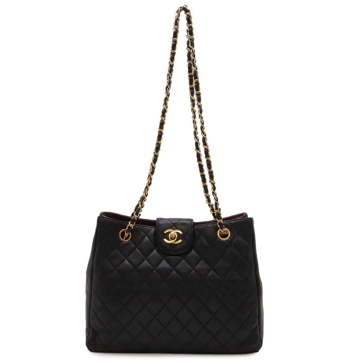 Chanel Quilted CC Logo Chain Shoulder Bag Lambskin Leather Black Gold