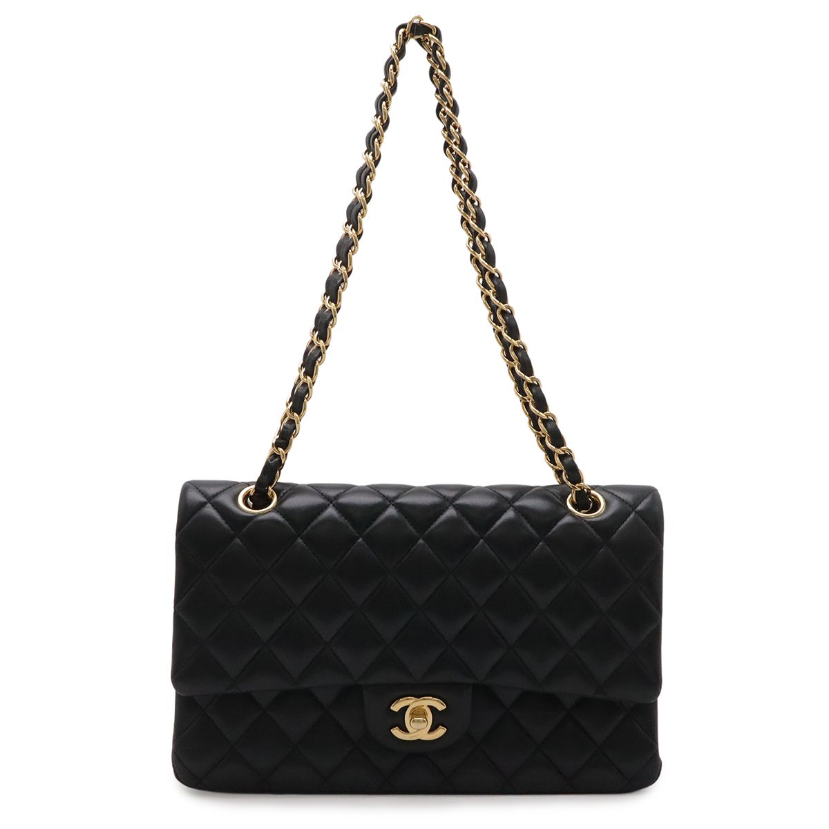 Chanel Quilted 25 CC Logo Chain Shoulder Bag Lambskin Black Gold