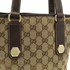 Gucci GG Canvas Tote Shoulder Bag Leather Khaki Beige Dark Brown Gold — view 7