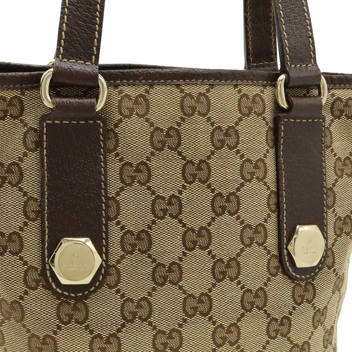 Gucci GG Canvas Tote Shoulder Bag Leather Khaki Beige Dark Brown Gold — view 7