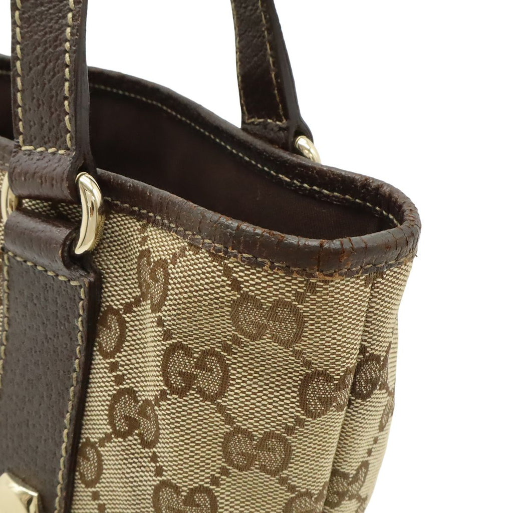Gucci GG Canvas Tote Shoulder Bag Leather Khaki Beige Dark Brown Gold — view 6