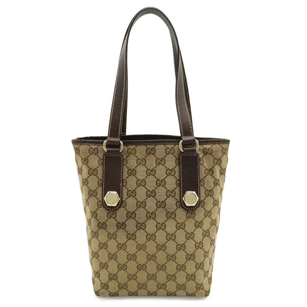Gucci GG Canvas Tote Shoulder Bag Leather Khaki Beige Dark Brown Gold