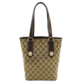 Gucci GG Canvas Tote Shoulder Bag Leather Khaki Beige Dark Brown Gold