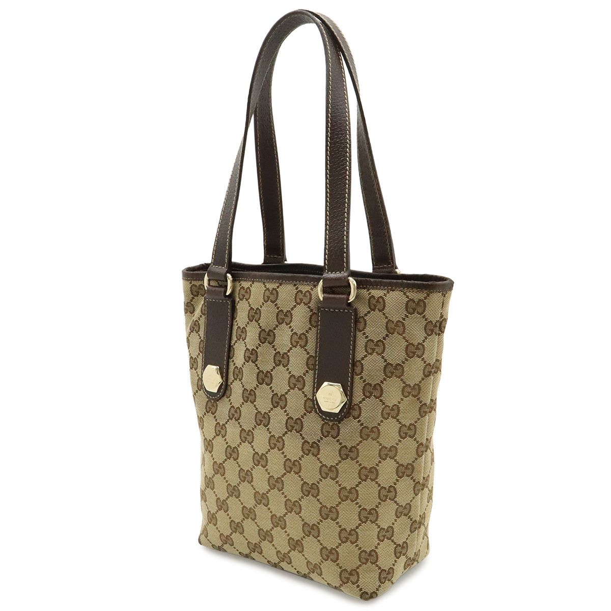 Gucci GG Canvas Tote Shoulder Bag Leather Khaki Beige Dark Brown Gold — view 2