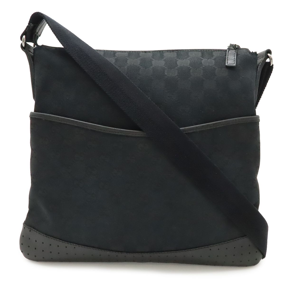 Gucci GG Canvas Shoulder Bag Crossbody Perforated Leather Black Silver