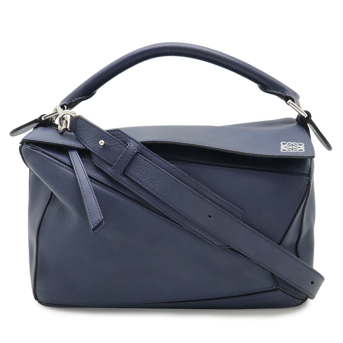 Loewe Puzzle Anagram 2-Way Shoulder Bag Crossbody Leather Navy Silver