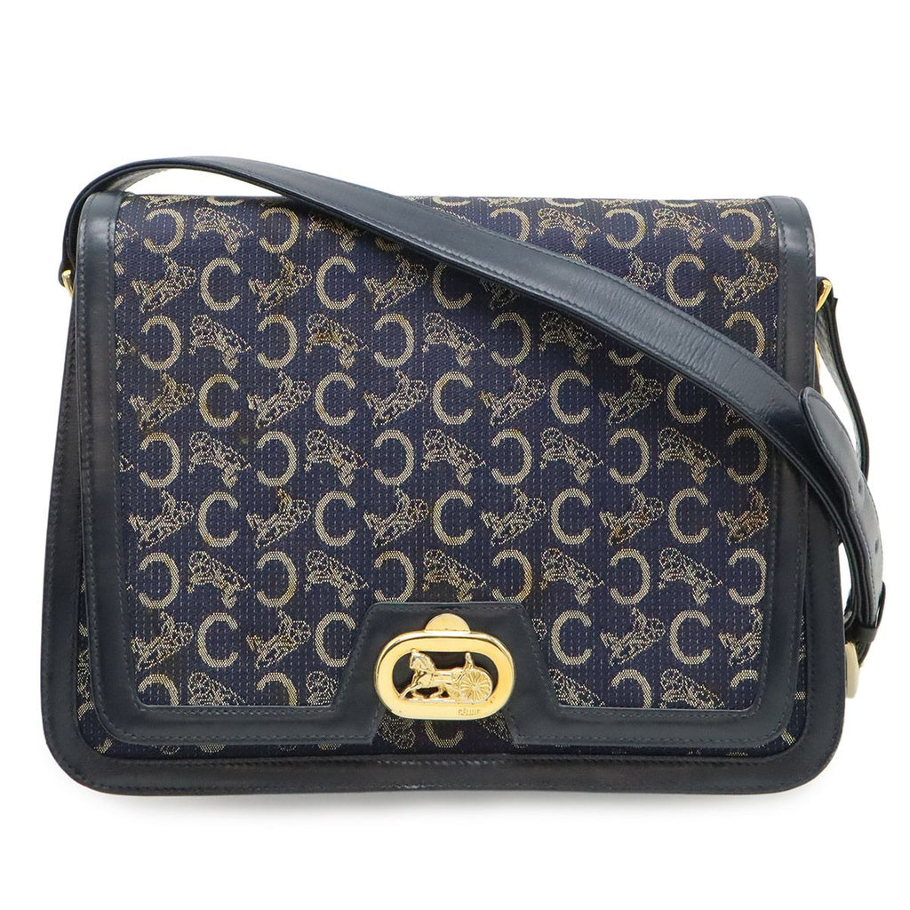 Celine C Macadam Horse Carriage Shoulder Bag Canvas Leather Navy Gold