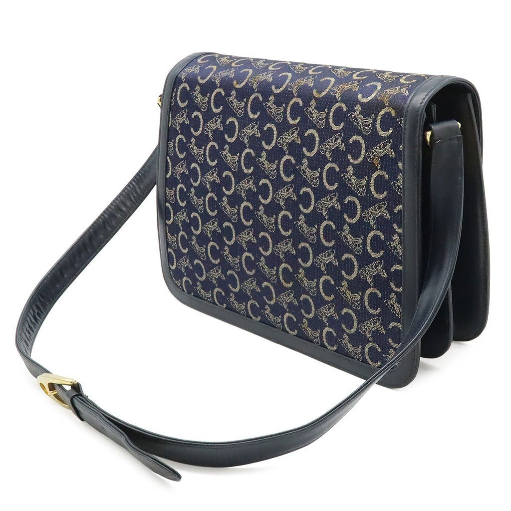 Celine C Macadam Horse Carriage Shoulder Bag Canvas Leather Navy Gold — view 2