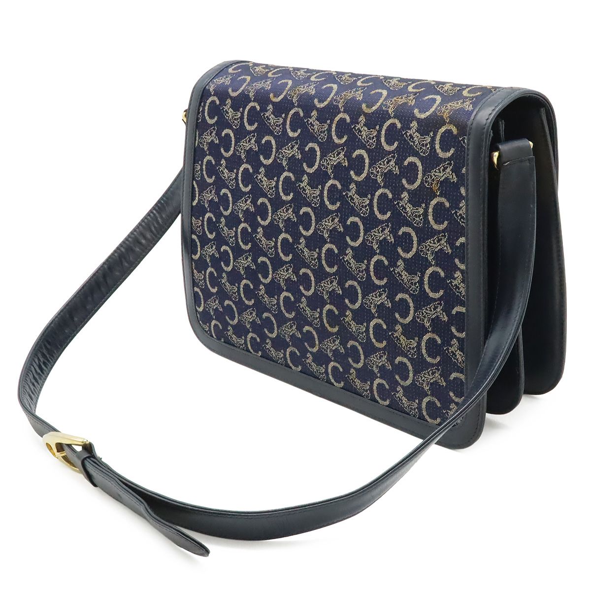 Celine C Macadam Horse Carriage Shoulder Bag Canvas Leather Navy Gold — view 2