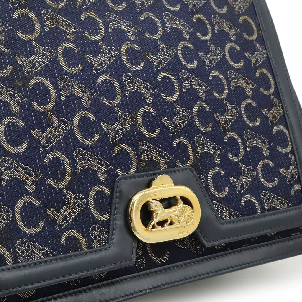 Celine C Macadam Horse Carriage Shoulder Bag Canvas Leather Navy Gold — view 9