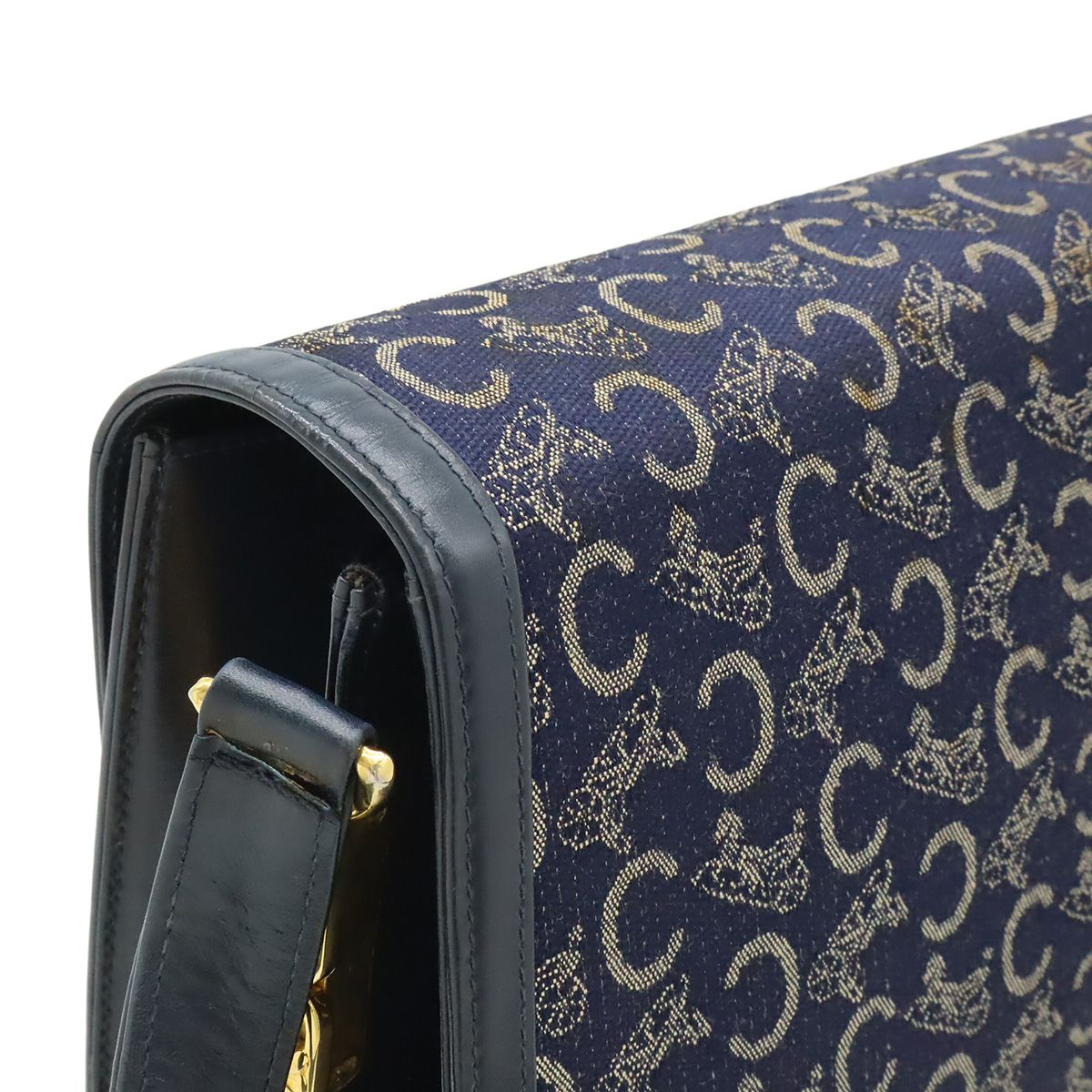 Celine C Macadam Horse Carriage Shoulder Bag Canvas Leather Navy Gold — view 8