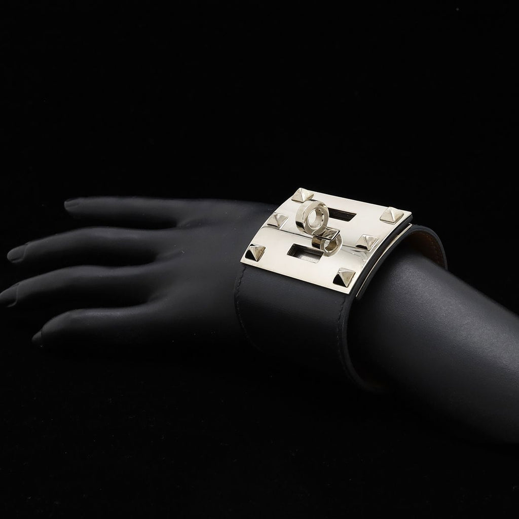 Hermes Tall Bangle Bracelet Studs Leather Black Silver — view 7