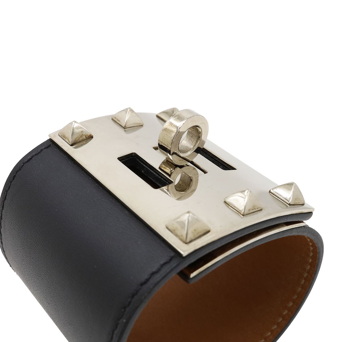 Hermes Tall Bangle Bracelet Studs Leather Black Silver — view 4