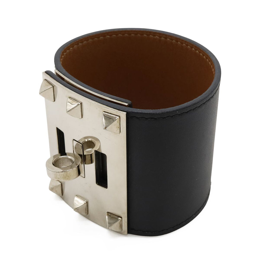 Hermes Tall Bangle Bracelet Studs Leather Black Silver — view 2
