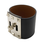 Hermes Tall Bangle Bracelet Studs Leather Black Silver — view 2