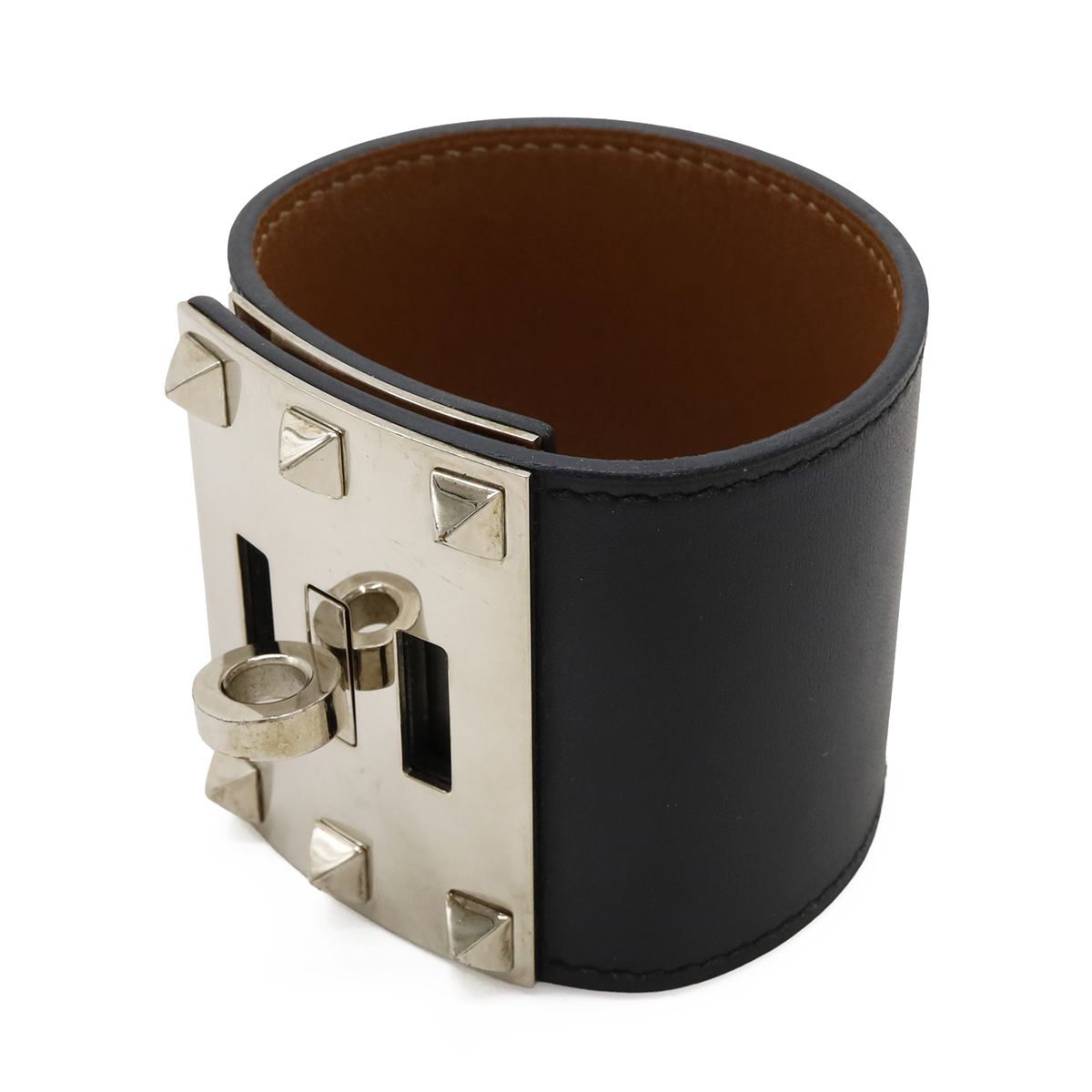 Hermes Tall Bangle Bracelet Studs Leather Black Silver — view 2