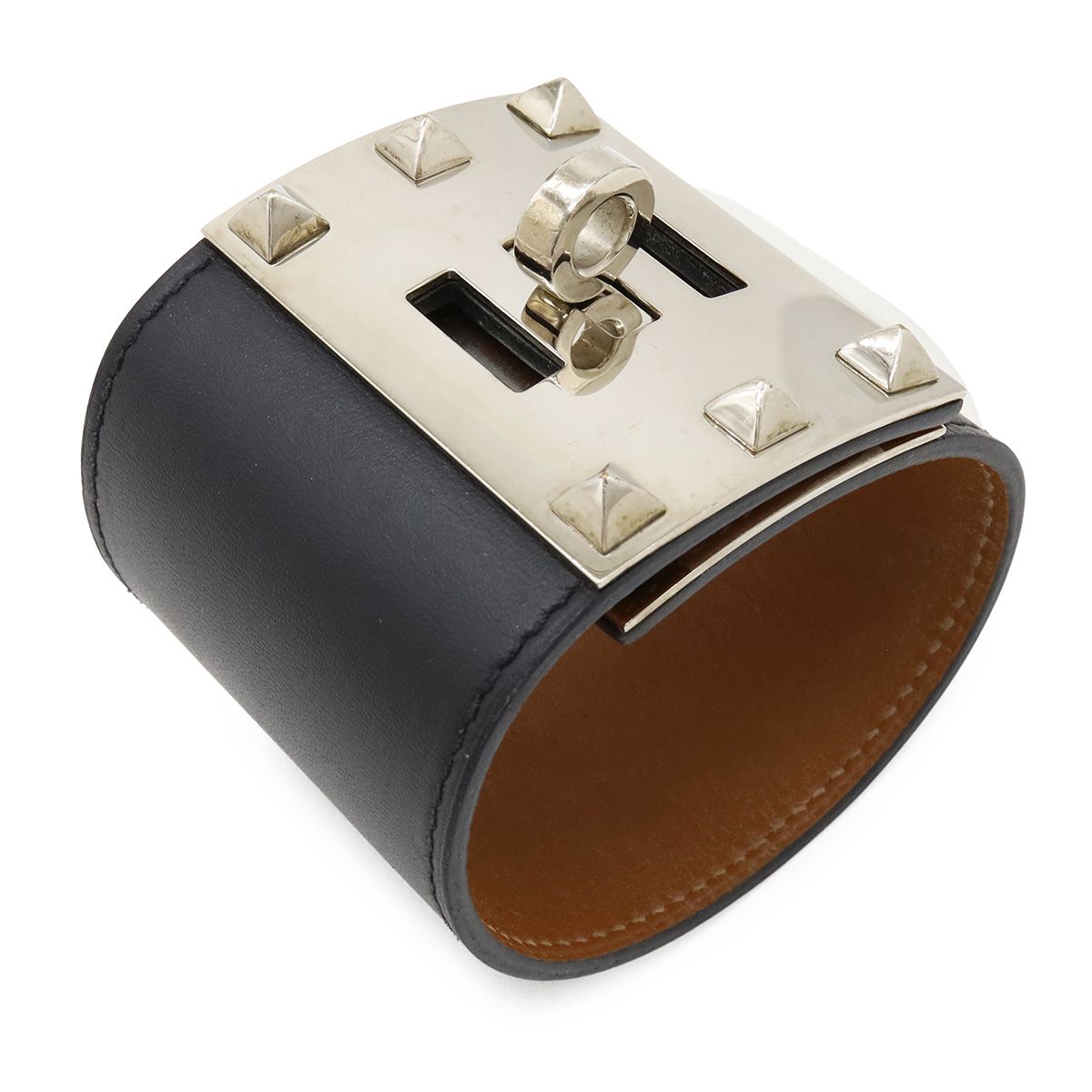 Hermes Tall Bangle Bracelet Studs Leather Black Silver