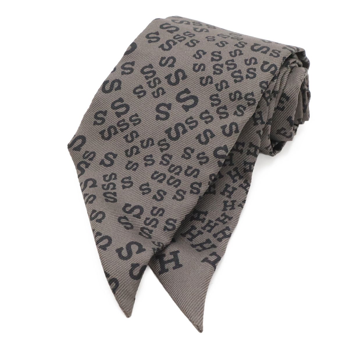 Hermes Twill Scarf Bag Alphabet Logo Pattern Silk 100% Khaki Gray