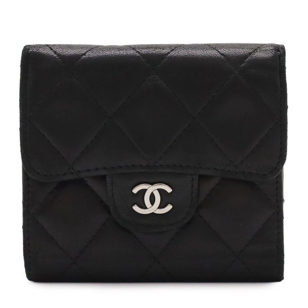 Chanel Quilted CC Logo Bifold Wallet Hook Double Leather Black Silver